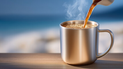 Close-up of hand mixing hot coffee, metallic mug reflecting soft ambient light