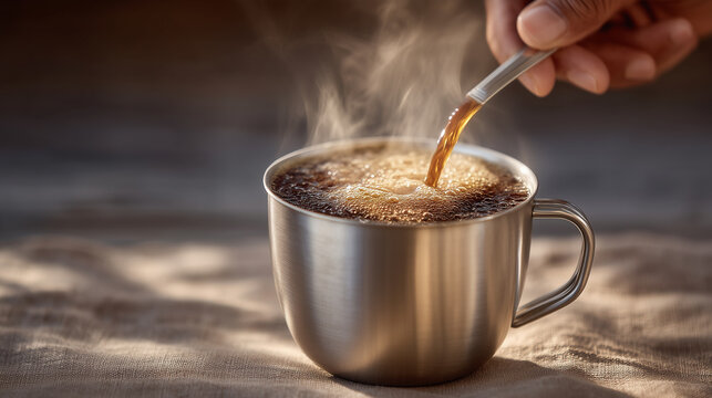 Hand stirs steaming black coffee in metal mug, ripples glinting in warm light