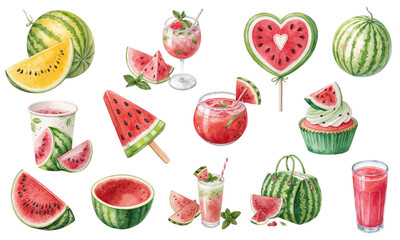 Watercolor Vector Set of Watermelons, Drinks, Desserts and Summer Fruits
