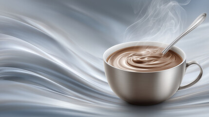 Gentle swirl of spoon in hot coffee, steam rising from brushed metal cup