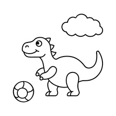 dinosaur playing soccer in a grassy coloring book art.