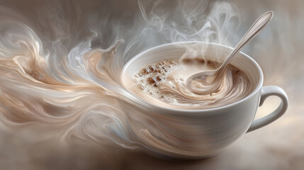 Gentle swirl of spoon in hot coffee, steam rising from brushed metal cup