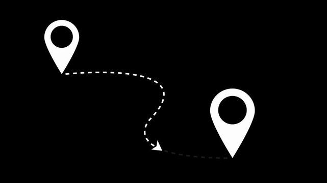 Minimalist animation of a location route with directional markers on black background