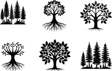Tree and forest silhouettes in black and white for nature-themed illustrations
