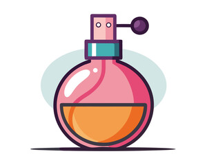 Colorful cartoon illustration of a vintage perfume bottle with floral and cosmetic design elements.