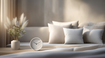 Minimalist bedroom, alarm clock on table, layered whites glowing under warm ambient light