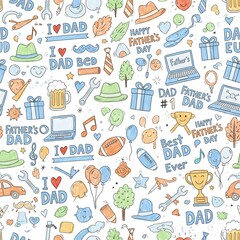 Happy father s day doodle collection featuring gifts trophies and dad themed icons isolated on white background