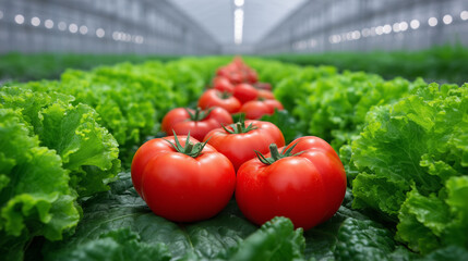 Lush greenhouse rows of red tomatoes, carrots, and greens thriving in bright light