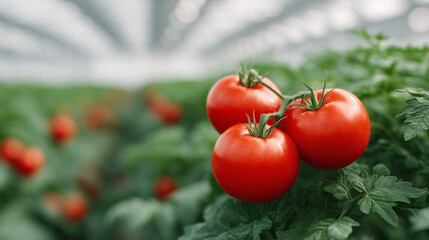 Lush greenhouse rows of red tomatoes, carrots, and greens thriving in bright light