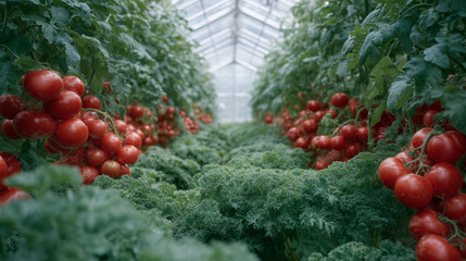 Lush greenhouse rows of red tomatoes, carrots, and greens thriving in bright light