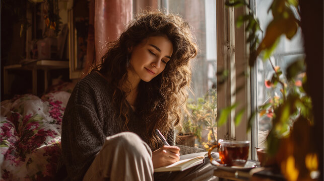 A woman writing in her journal by the bedroom window, calm and peaceful morning light, cozy atmosphere, personal reflection, creativity, mindfulness, indoor lifestyle.