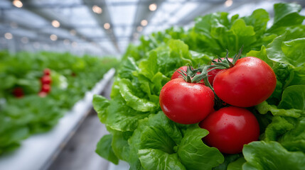 Vibrant garden beds in greenhouse, ripe tomatoes and leafy greens in neat lines