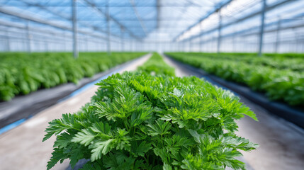 Sunlit rows of carrots, greens, and tomatoes bursting with color inside greenhouse