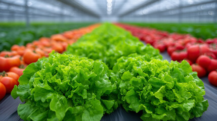Sunlit rows of carrots, greens, and tomatoes bursting with color inside greenhouse