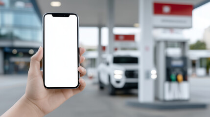 Hand lifts smartphone toward blank gas price sign, ready for fuel app scan