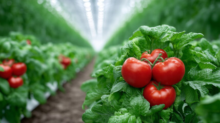 Flourishing vegetables in parallel rows, red tomatoes glowing under greenhouse canopy