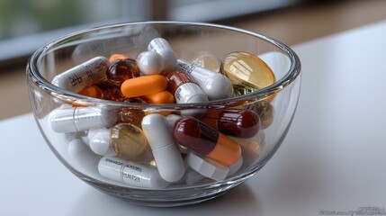 A glass bowl filled with a vibrant mix of pills rests on a white table against a soft beige backdrop, illuminated by natural light