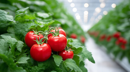 Flourishing vegetables in parallel rows, red tomatoes glowing under greenhouse canopy