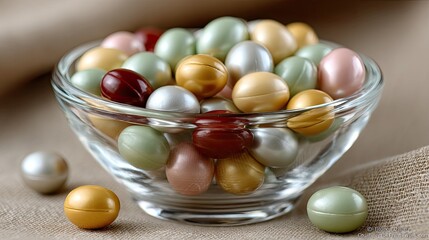 A glass bowl filled with a vibrant mix of pills rests on a white table against a soft beige backdrop, illuminated by natural light