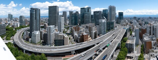 Obraz premium vibrant skyline features sleek skyscrapers along a bustling highway, all illuminated by the bright daylight and blue sky