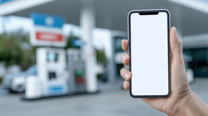 Hand lifts smartphone toward blank gas price sign, ready for fuel app scan