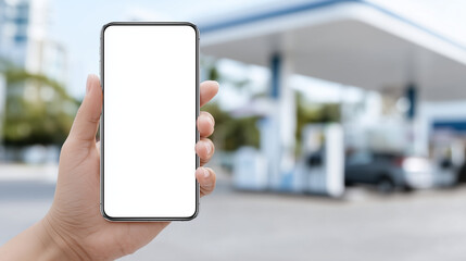 Phone held up at gas station, digital sign blank, waiting for tracking app