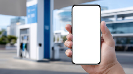 Blank fuel sign reflects smartphone screen, hand steady in daylight