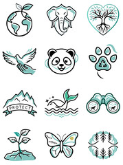 Set of 12 Wildlife & Conservation doodle icons featuring hand-drawn animals, trees, footprints, recycling symbols, and nature elements, perfect for eco-friendly or educational projects