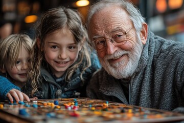 Fototapeta premium Elderly man playing board games with grandchildren
