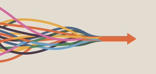 Multiple colorful strands converge into a single orange arrow symbolizing unity