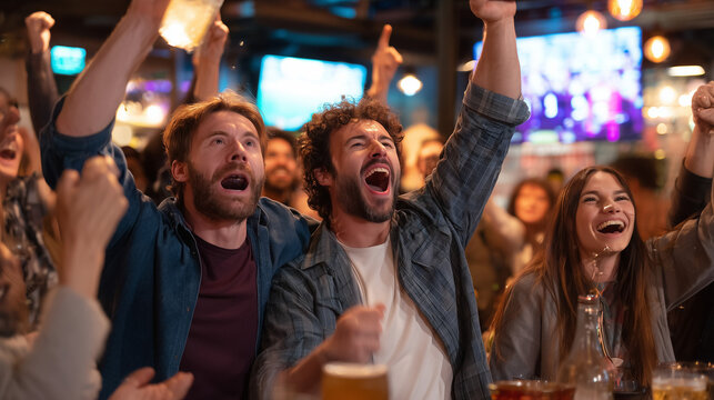 Fans watching a football match at a sports bar, cheering with drinks, energetic atmosphere, friendship and fun, people enjoying the game together indoors.