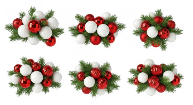 Festive Arrangement of Red and White Christmas Ornaments with Greenery for Holiday Decor, isolated on a transparent background