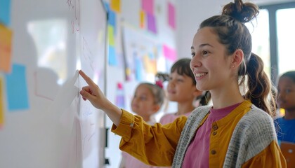 Smiling Young Teacher Pointing at Whiteboard with Students in Colorful Classroom