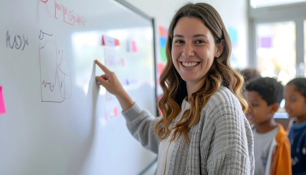 Smiling Teacher Pointing to Whiteboard in Classroom with Diverse Children