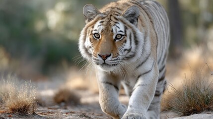 Obraz premium A powerful tiger walks confidently across an open field at golden hour, its intense gaze captivating against a soft-focus background