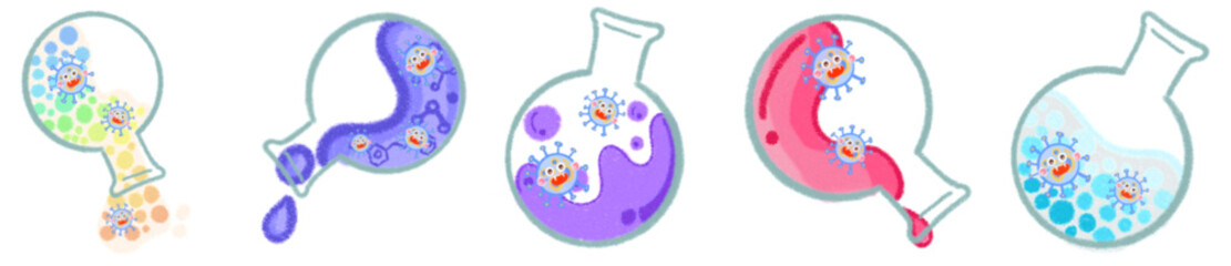 Cute Science Virus Characters in Laboratory Flasks for Fun Learning Art