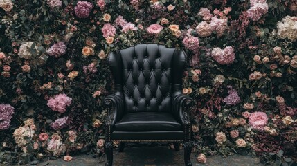 Black leather wingback chair in front of a floral wall.