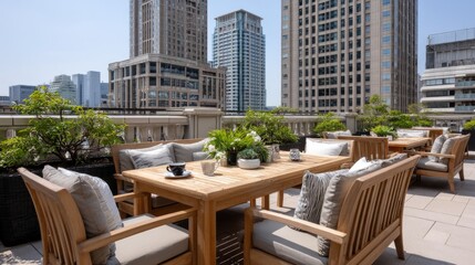 Enjoy a relaxing moment on a sunny roof terrace with wooden tables, coffee, and lush plants while admiring skyline