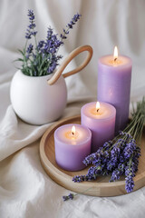 Lavender sprigs and purple candles on a wooden tray.
