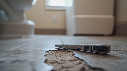 A razor lies beside the sink on the bathroom floor. A zoom-in reveals bacteria hiding near the blade and tile cracks.