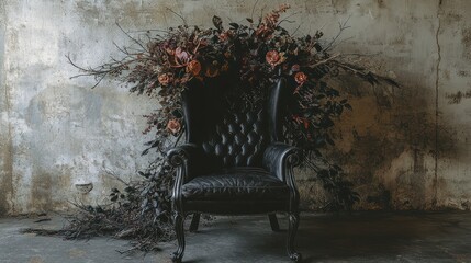A black leather armchair surrounded by dried floral arrangements against a textured wall.