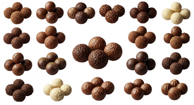 A Delectable Assortment of Exquisite Chocolate Truffles in Various Shapes and Flavors for Indulgence and Sophisticated Gifting, isolated on a transparent background