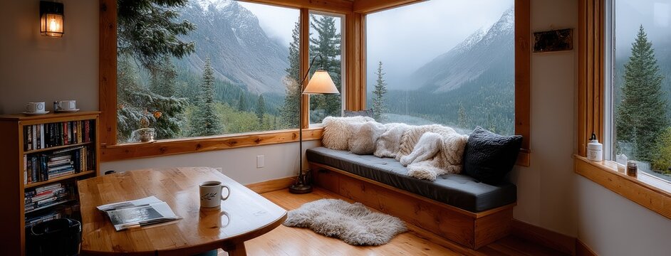 Relaxing space features a large bed with a green blanket and views of autumn mountains, perfect for reading with coffee