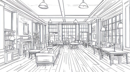 Interior sketch of a large, well-lit library.