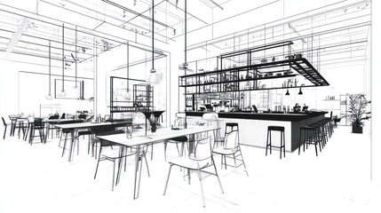 Interior design sketch of a modern cafe.