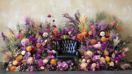 Vibrant floral arrangement with a dark leather chair.