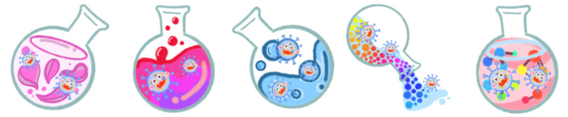 Cute Science Virus Characters in Laboratory Flasks for Fun Learning Art