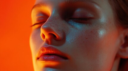 Close-up portrait of a woman's face illuminated by vibrant lighting.