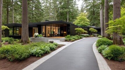 Cozy modern home surrounded by trees and greenery, with rain falling on concrete surfaces and vibrant autumn colors all around
