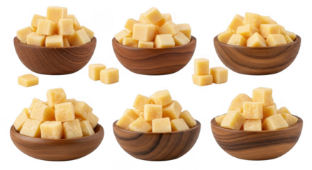 A Variety of Assorted Cubes of Yellow Cheese Arranged in Rustic Wooden Bowls for Gourmet Culinary Inspiration and Elegant Presentation, isolated on a transparent background